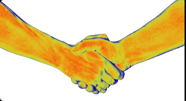 Ilustração de duas mãos dadas em cores gradiente demonstrando como é a imagem a partir do procedimento de Termografia.